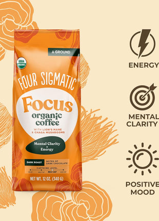 Four Sigmatic Organic Focus Mushroom Ground Coffee | Dark Roast, Organic Coffee with Lion's Mane & Chaga Mushroom for Mental Clarity & Energy Support | 12oz Bag