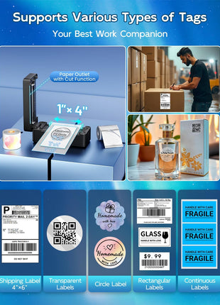 Bluetooth Thermal Shipping Label Printer, 4x6 Thermal Label Printer for Small Business, 2410BT Wireless Label Printers Compatible with iOS Android & PC, Widely Used for USPS, Tiktok