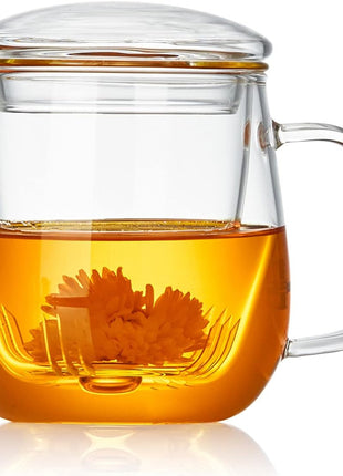DOPUDO Glass Tea Cup with Infuser and Lid, 17.6oz/520ml Large Borosilicate Teacup,Tea Glass, Clear Mug for Loose Leaf Tea, Blooming Tea, Microwave & Dishwasher Safe   Tea Maker Gift for Birthday