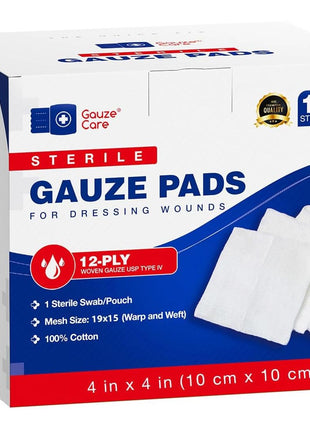 100pc Large Sterile Gauze Pads 4x4 Sterile for Wounds Bulk - 12ply Woven Gauze Sponges 4x4 Sterile - USP IV Breathable Mesh 4x4 Gauze Pads Sterile for Enhanced Absorption - First Aid Medical