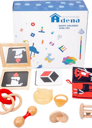 Adena Montessori Play Kit for 3-4 Months Baby,8 in 1 Wooden Learning Educational Toys for Toddler,Include Framed Mirror Book,High-Contrast Cards and More,Christmas Birthday Gift for Boys Girls