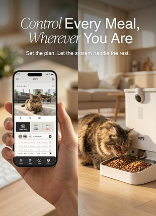 Automatic Cat Feeder with Camera for Multiple Cats & Dogs, 6L Dual Hopper | AI Recognition for Up to 3 Pets, 5/2.4 GHz WiFi App Control, 1080p Dual Cameras, Night Vision, Two-Way Audio