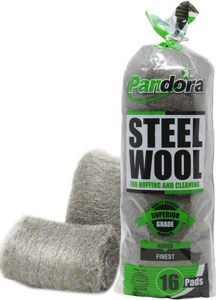 Pandora Steel Wool #0000 - Finest Grade, 16 Pads for Buffing and Cleaning - Quality Metal Strands - Ideal for Windows and Furniture