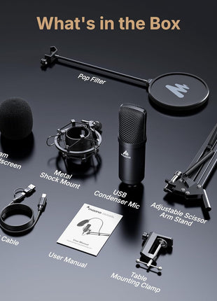 USB Microphone, MAONO 192KHZ/24Bit Plug & Play PC Computer Podcast Condenser Cardioid Metal Mic Kit with Professional Sound Chipset for Recording, Gaming, Singing, YouTube (AU-A04)