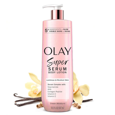 Olay Super Serum Hand & Body Lotion for Dry Skin, 24hr Long Lasting Hydration, 5+ Ingredient Complex for Bright Even Firm Luminous Skin, Sweet Vanilla & Soft Wood Scent, 18.5 fl oz