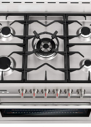 36 in. Nebula Coll 4.4 cu ft 5 Burner Gas Range Convection, Stainless Steel | Cosmo COS-965AGFC Oven Fan Circulation, Cast Iron Grates, Digital Display with Timer, Metal Knobs, Liquid Propane Convertible
