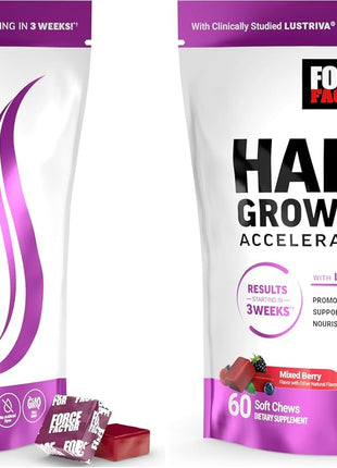 Force Factor Hair Growth Accelerator Soft Chews, Vitamins for Women and Men with Clinically Studied Lustriva and Biotin, Promotes Thicker, Fuller, Stronger Hair, Mixed Berry, 60 Soft Chews (Pack of 2)