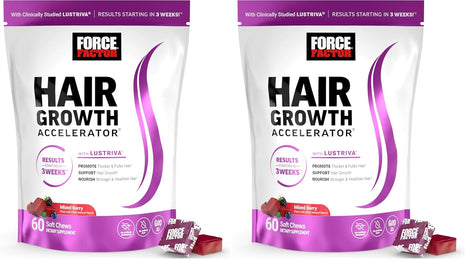 Force Factor Hair Growth Accelerator Soft Chews, Vitamins for Women and Men with Clinically Studied Lustriva and Biotin, Promotes Thicker, Fuller, Stronger Hair, Mixed Berry, 60 Soft Chews (Pack of 2)