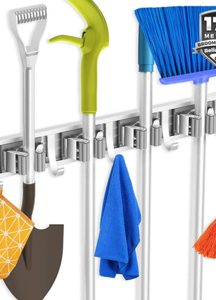 reliahom Broom Holder Wall Mount Mop and Broom Hanger Wall Mounted Garage Storage Rack Kitchen Garden Tool Organizer (4 Racks with 5 Hooks, Silver)