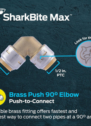 SharkBite Max 1/2 x 1/2 in PTC 90-Degree Elbow, Push-to-Connect Brass Plumbing Fitting, UR248A