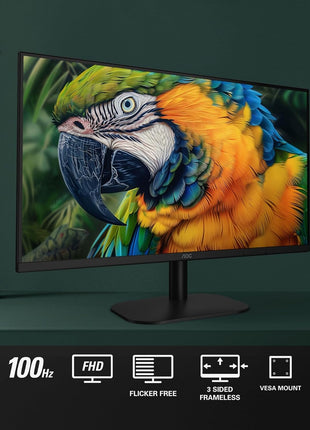 AOC 24B2H2 24 inch Frameless IPS Monitor, FHD 1920x1080, 100Hz, 106% sRGB, for Home and Office, HDMI x2, Low Blue Mode, VESA Compatible, Black
