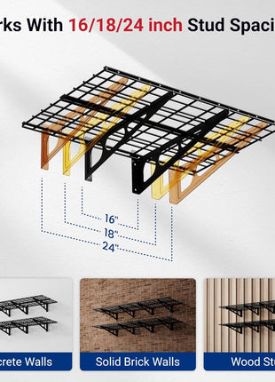 FLEXIMOUNTS 2-Pack 2x6ft Garage Shelving 24-inch-by-72-inch Heavy Duty Wall Mounted Shelves Garage Storage Rack Floating Shelves, 1400lbs Load Capacity, Black, Classic Series