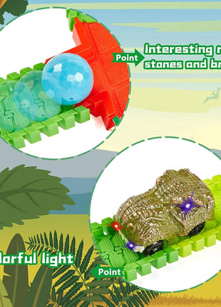 Dinosaur Race Track Toy for Kids Ages 3-6 | Flexible Track Playset with 2 Light-Up Dino Cars, 8 Dinosaur Figures, Tunnel, Bridge & Accessories, Buildable Gift for Boys