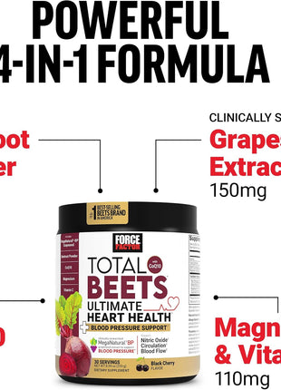 Force Factor Total Beets Ultimate Heart Health for Blood Pressure Support | CoQ10, Beet Root Powder, Grape Seed Extract, Blood Pressure Supplement for Circulation, Black Cherry Drink Mix, 30 Servings