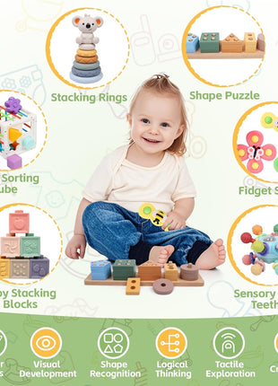YHHYTOY 6-in-1 Montessori Baby Toys 0-6 6-12 Months, Infant Toys Baby Gifts | 4 5 6 Month Old Baby Toys, Soft Stacking Blocks Rings Shape Sorter Sensory Baby Suction Spinners, Baby Gifts for Girls Boys