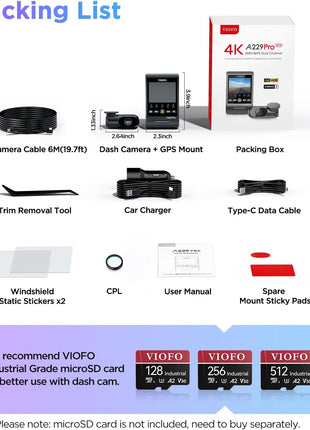 VIOFO A229 Pro 4K HDR Dash Cam, Dual STARVIS 2 IMX678 IMX675, 4K+2K Front and Rear Car Camera, 2 Channel with HDR, Voice Control, 5GHz WiFi GPS, Night Vision 2.0, 24H Parking Mode