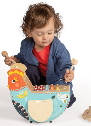 Manhattan Toy Musical Chicken Wooden Instrument for Toddlers with Xylophone, Drumsticks, Cymbal and Maraca,Blue