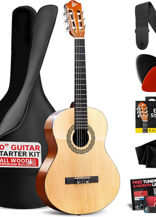 Pyle Beginner Acoustic Guitar Kit, 1/4 Junior Size All Wood Instrument for Kids, Adults, 30 inch Natural Ash