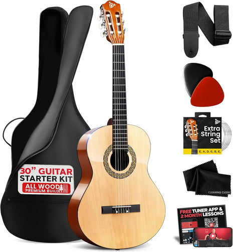 Pyle Beginner Acoustic Guitar Kit, 1/4 Junior Size All Wood Instrument for Kids, Adults, 30 inch Natural Ash