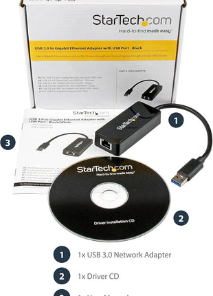 StarTech.com USB 3.0 Ethernet Adapter - USB 3.0 Network Adapter NIC with USB Port - USB to RJ45 - USB Passthrough (USB31000SPTB), Black, 0.7 inch x 1.4 inch x 5 inch x 5 inch