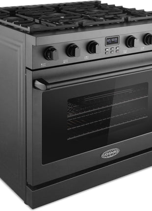 36 in. Lumin Coll 6.1 cu. ft. 6 Burner Gas Range, Convection, Matte Black | Cosmo COS-GRC366KB-BK Sealed Burners, 6 Oven Function, Digital Display with Timer, Cast Iron Grates, LP Convertible