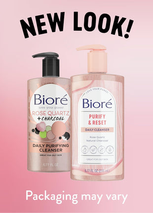 Bioré Deep Pore Charcoal Face Wash, Facial Cleanser for Dirt and Makeup Removal From Oily Skin, 6.77 Ounce & Rose Quartz + Charcoal Daily Purifying Cleanser, Oil Free Facial Cleanser Energizes Skin