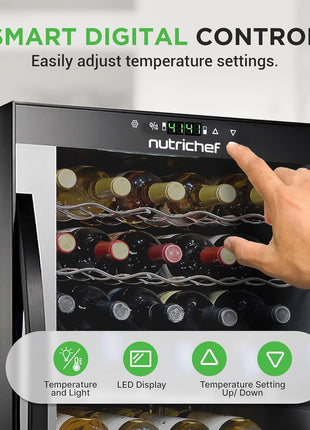 Nutrichef 33 Bottle Wine Fridge | Dual Zone Wine Cooler | Adjustable Temperature Control 41°F to 64°F | Ultra Quiet Operation | Freestanding Wine Chiller for Home & Office | 33x19x17 IN