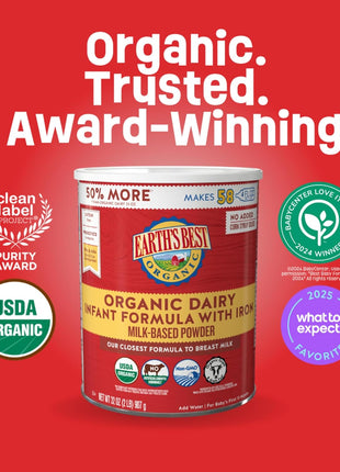 Earth's Best Organic Baby Formula for Babies 0-12 Months, Powdered Dairy Infant Formula with Iron, Omega-3 DHA, and Omega-6 ARA, 32 oz Formula Container