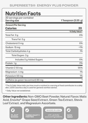 HumanN SuperBeets Energy Plus with Grape Seed Extract - Beet Root Powder, Green Tea Extract, Caffeine, Vitamin C, Non-GMO, 5.87oz (Pack of 3)