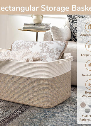 Goodpick Large Woven Blanket Basket, 21.6 inch x 14.9 inch x 11.8 inch Storage Baskets for Organizing, Rectangle Cotton Rope Toy Basket for Living Room, Bedroom, White & Brown