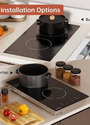 2 Burner Electric Cooktop, 2000 Watt, 110V with Plug | 12 Inch Touch Control Electric Stove Top for Countertop & Built-in Use | Timer, Child Lock, Hot Surface Indicator Included,Matte Black