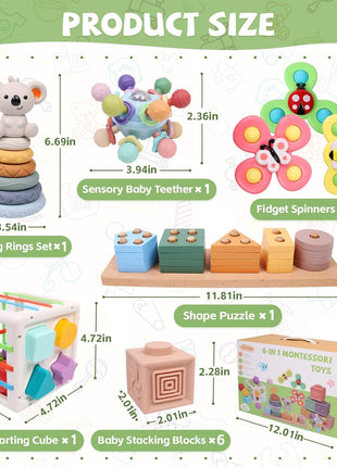 YHHYTOY 6-in-1 Montessori Baby Toys 0-6 6-12 Months, Infant Toys Baby Gifts | 4 5 6 Month Old Baby Toys, Soft Stacking Blocks Rings Shape Sorter Sensory Baby Suction Spinners, Baby Gifts for Girls Boys