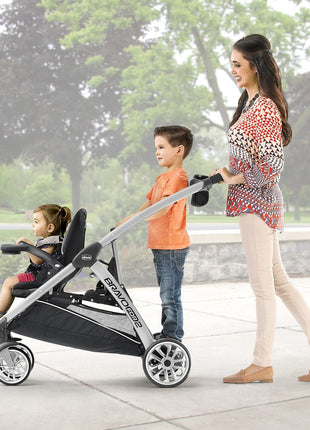 Chicco BravoFor2 Double Stroller for Infant and Toddler, Sit or Stand | Iron/Black, baby stroller with 5-point harness, Chicco car seat compatible, toddler standing platform, one-hand fold