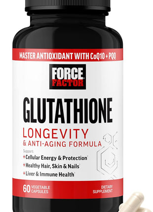 Force Factor Glutathione Longevity & Anti-Aging Supplement | Reduced Glutathione with CoQ10 & PQQ, Antioxidant Formula, Support Immune Health & Skin, 60 Capsules