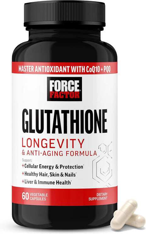 Force Factor Glutathione Longevity & Anti-Aging Supplement | Reduced Glutathione with CoQ10 & PQQ, Antioxidant Formula, Support Immune Health & Skin, 60 Capsules