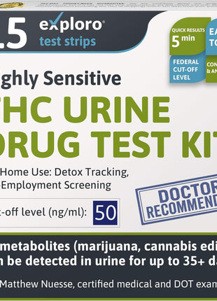 Exploro Highly Sensitive at Home Marijuana Drug Test Kit, THC Drug Test Kit Marijuana/Weed, THC Drug Test Urine, Easy Home Drug Test Marijuana/THC Substance Abuse, 15 THC Test Strips/Sticks, 50 ng/ml