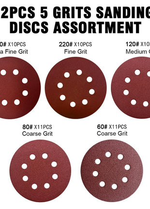 52 Pack 5 Inch 8-Hole Hook and Loop Sanding Discs Sandpaper Red Round 60 80 120 220 320 Mixed Grits Sandpaper for Random Orbital Sander