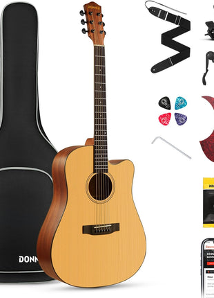 Donner 41 Acoustic Guitar Bundle for Beginners Adults with Online Lesson, 4/4 Full Size Steel Acustica Guitarra with Gig Bag, Tuner, Strap, Strings, Picks, Capos, Cutaway, Natural, DAG 1C/DAD 110C