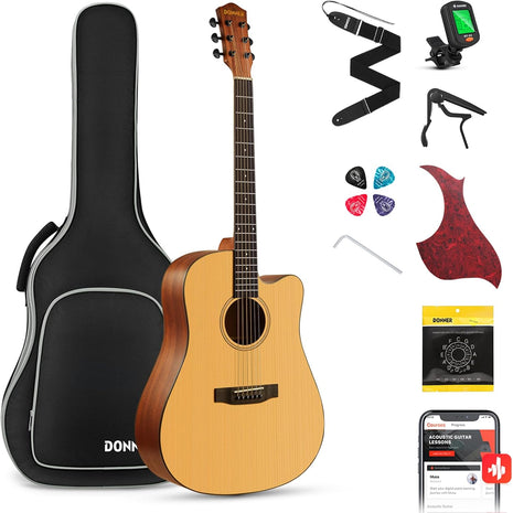 Donner 41 Acoustic Guitar Bundle for Beginners Adults with Online Lesson, 4/4 Full Size Steel Acustica Guitarra with Gig Bag, Tuner, Strap, Strings, Picks, Capos, Cutaway, Natural, DAG 1C/DAD 110C