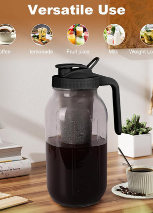 Cold Brew Coffee Maker,64 oz Mason Jar Pitcher with Stainless Steel Filter, Pour Spout Handle Lid, Heavy Duty Glass Airtight & Leak-Proof for Iced Coffee,Tea & Lemonade