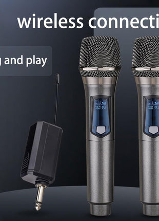 Wireless Microphone, Rechargeable Fixed Frequency Wireless Dual Microphone, Dual Handheld Dynamic Microphone,Karaoke Singing, Weddings DJ,Party, Church, Classroom use, 200 feet, Gray