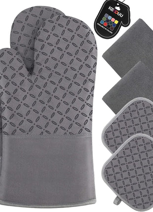 KEGOUU Oven Mitts and Pot Holders 6pcs Set, Kitchen Oven Glove High Heat Resistant 500 Degree Extra Long Oven Mitts and Potholder with Non-Slip Silicone Surface for Cooking (Grey)