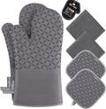 KEGOUU Oven Mitts and Pot Holders 6pcs Set, Kitchen Oven Glove High Heat Resistant 500 Degree Extra Long Oven Mitts and Potholder with Non Slip Silicone Surface for Cooking (Grey)