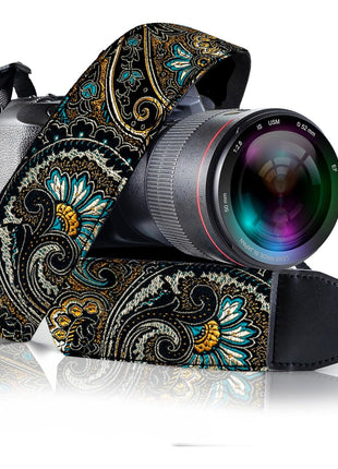 Camera Strap - Shoulder, Crossbody & Neck Camera Strap for Photographers, Fits All Cameras, Canon Nikon Sony Fujifilm, Padded Strap W/ Quick Release, Embroidered Cotton & Leather Ends, Blue