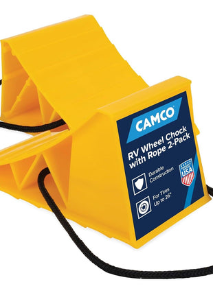 Camco Camper & RV Wheel Chock with Rope - Keeps Trailer in-Place to Safely Unhitch or Park - Compatible with Wheels Up to 26" in Diameter & Molded of Heavy-Duty Hard Plastic - 2-Pack - 44471