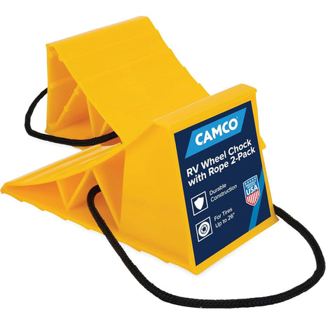 Camco Camper & RV Wheel Chock with Rope - Keeps Trailer in-Place to Safely Unhitch or Park - Compatible with Wheels Up to 26" in Diameter & Molded of Heavy-Duty Hard Plastic - 2-Pack - 44471