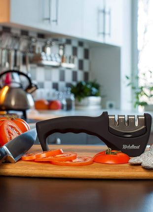 4-in-1 Kitchen Knife Accessories: 3-Stage Knife Sharpener Helps Repair, Restore, Polish Blades and Cut-Resistant Glove (Black)