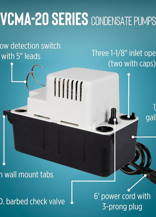 Little Giant VCMA-20ULST 115 Volt, 80 GPH, 1/30 HP Automatic Condensate Removal Pump for HVAC/Refrigeration Systems/Dehumidifiers with Overflow Detection Switch and 20-Foot Tubing, White/Black, 554435