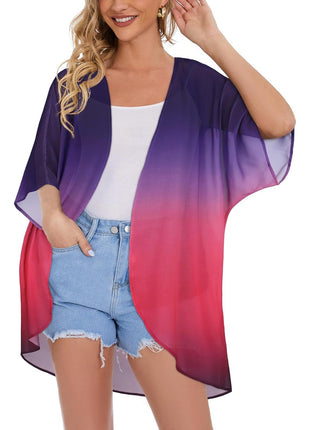 Women's Floral Print Puff Sleeve Kimono Cardigan Loose Cover Up Casual Blouse Tops(Dark Grey,L)