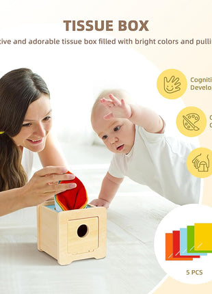 OOOK Montessori Toys 0-6 Months, Montessori Toy Set, 7 in 1 Newborn Baby Toys with Spinning Drum, Tissue Box Toy, Sensory Balls, Contrast Cards and More